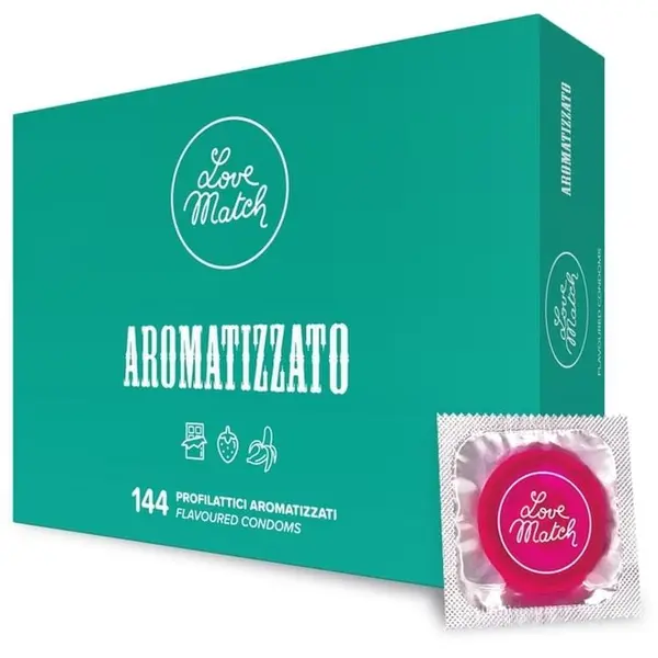 Prezervative Love Match - Arromatizato, aromă de ciocolată, căpsuni si banane, 144 buc