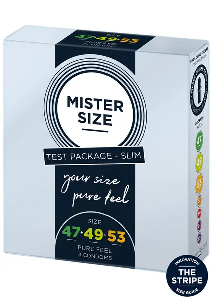 Prezervative MISTER SIZE, ultra subtiri, 3 marimi diferite 47, 49 si 53 mm, 1 cutie x 3 buc