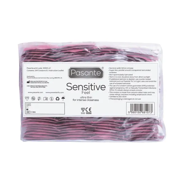 Prezervative PASANTE Sensitive Feel, din latex, ultra-subțiri și rezistente, diametru 52 mm, 144 bucăți