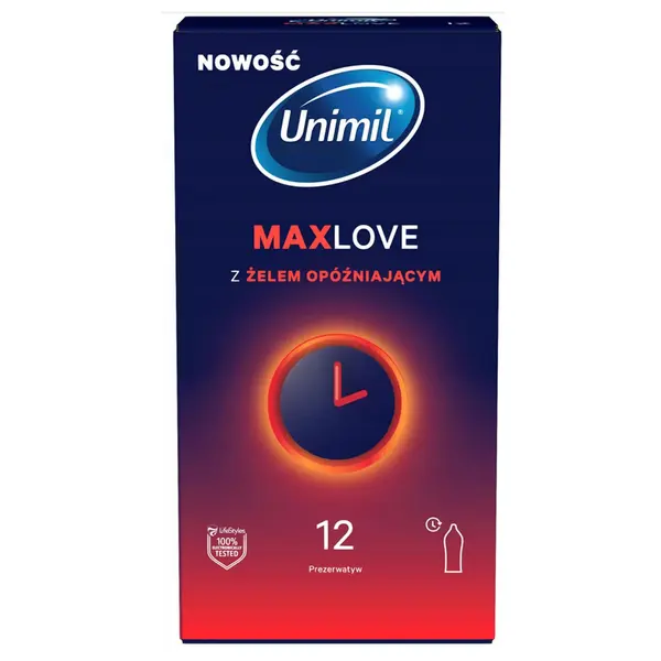Prezervative Unimil - Max Love, cu gel cu efect de întârziere, pentru plăcere prelungită, 12 bucăți