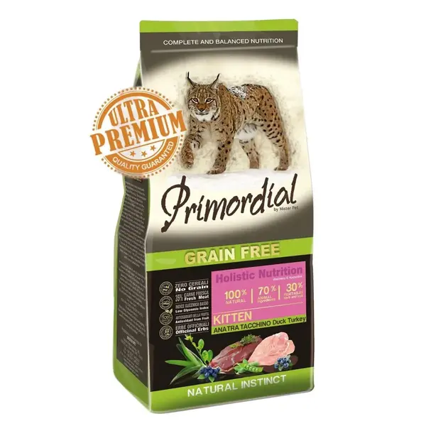 PRIMORDIAL Holistic Kitten, Rață și Curcan, hrană uscată fără cereale pisici junior, 2kg