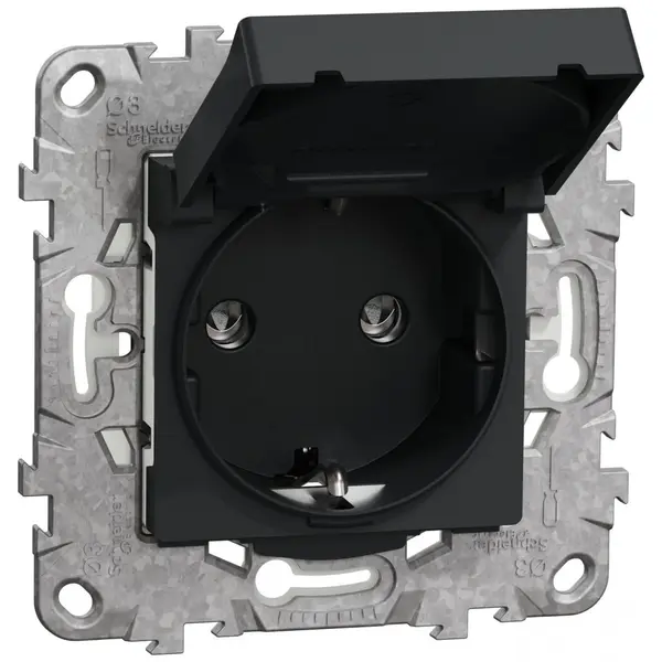 Priza 2P+E 16A IP44+suport fixare, capac, obturatoare Schneider Noua Unica NU508254, antracit