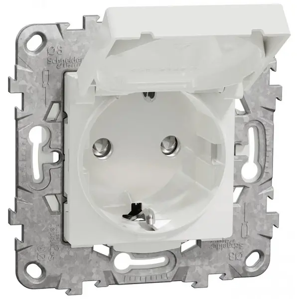 Priza 2P+E 16A IP44+suport fixare, cu capac, obturatoare Schneider Noua Unica NU508218, alb