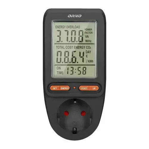 Priza cu contor consum curent/energie ORNO OR-WAT-435(GS)/B, afisaj digital, 16A, 3680W (Negru)