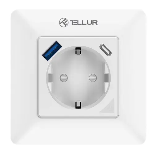 Priza de perete inteligenta Tellur Smart TLL331531, 3600W, 16A, 1xPD20W, 1xUSB QC3.0 18W, monitorizare consum, protectie pentru copii si supratensiune, Alb