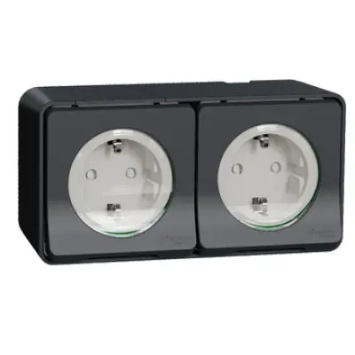 Priza dubla, 2P+E Mureva Schneider MUR36029, obt fara surub, 250V, 16A, IP55, PT gri