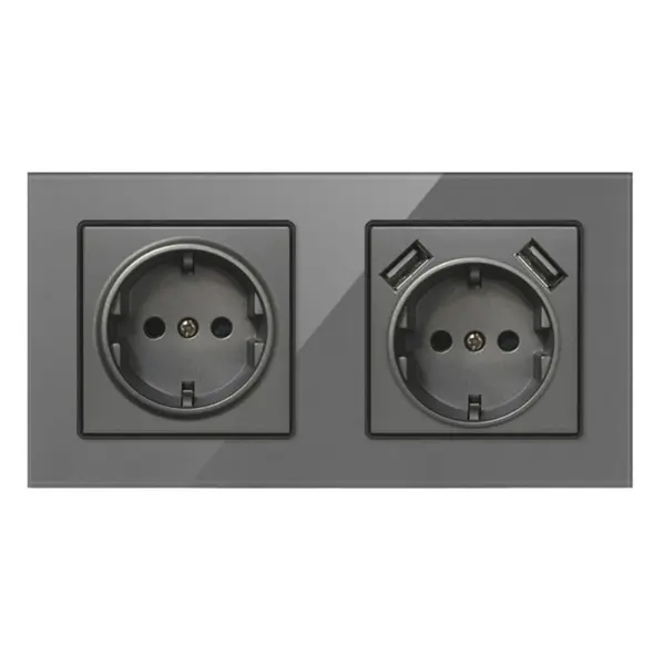 Priza Dubla De Perete Cu 2 Porturi USB Si Panou Din Sticla Techstar® TS-G, 110-250V, 16A, Ignifuga, 80x151mm, Gri
