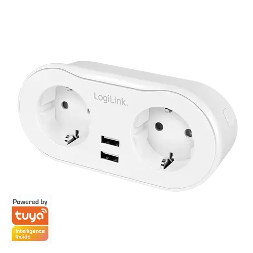 Priza inteligenta LogiLink SH0102, Wi-Fi, 2 prize, 2x USB-A 5 V/2.4 A (max. 12 W), protectie supracurent/supratensiune, IP20 compatibil Tuya, Alb