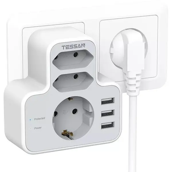 Priza Multipla Tessan TS-327, 3 Prize, 3 Porturi USB, 240V, Alb ,3600W, 16A