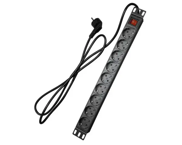 Priza rackabila cu 9 posturi SCHUKO cu intrerupator 1U, 250VAC 16A, negru, Safer PDU-9P1U-SWITCH