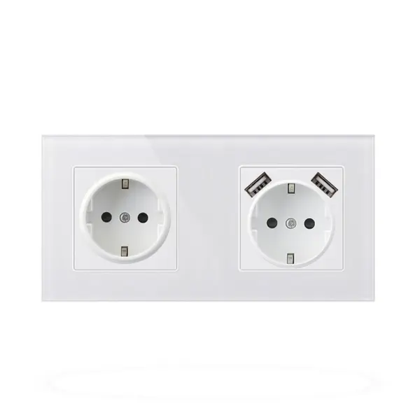 Priza Techstar® Crystal TSU2, Dubla, 2 x USB, 2.1 A, Culoare Alb Frost, Sticla Securizata, 16A