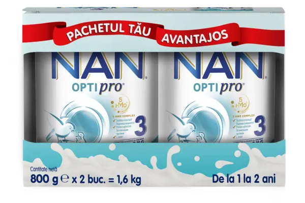 Produs pe baza de lapte praf fortifiat NAN Optipro 3 de la 1 an, 2 x 800g, Nestle