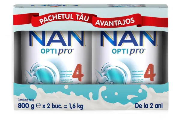 Produs pe baza de lapte praf fortifiat NAN Optipro 4 de la 2 ani, 2 x 800g, Nestle