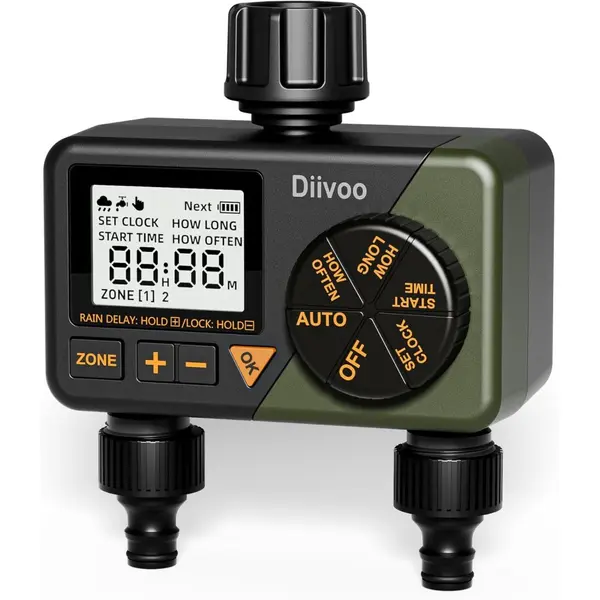 Programator automat pentru irigare Diivoo DI-WT08M-DEGN, 2 zone, IPX5, functie Rain Delay