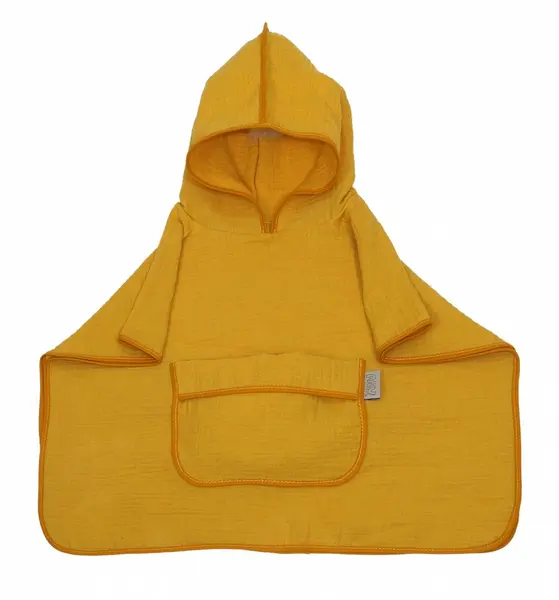 Prosop 60x65 cm din bumbac muselina cu gluga si buzunar pentru bebelusi si copii Amy Poncho galben