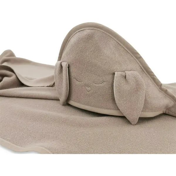 Prosop cu gluga, Qmini, Mare, Cu broderie si urechi, Dimensiune 100x100 cm, Din tricot termo-terry din bambus, Materiale certificate Oeko Tex Standard 100, Rabbit Mocha