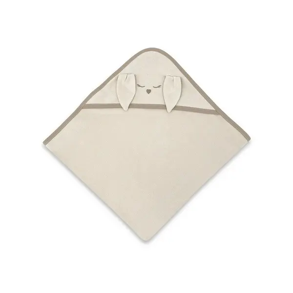 Prosop cu gluga Qmini Rabbit Beige, cu broderie si urechi, 100x100 cm, din tricot termo-terry din bambus