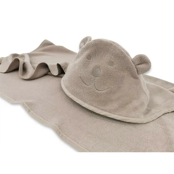 Prosop cu gluga Qmini Teddy Bear Mocha, cu broderie si urechi, 100x100 cm, din tricot termo-terry din bambus