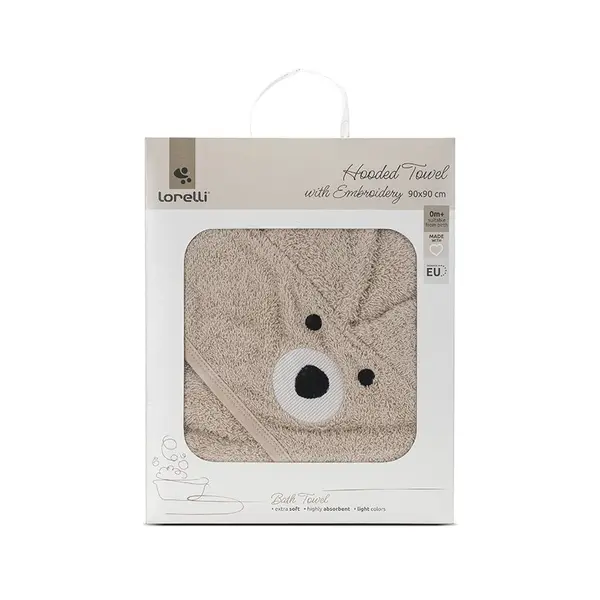 Prosop de baie cu gluga si broderie 90 x 90 cm din bumbac 0 luni+ Soft Beige