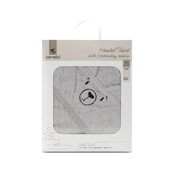 Prosop de baie cu gluga si broderie 90 x 90 cm din bumbac 0 luni+ Soft Grey