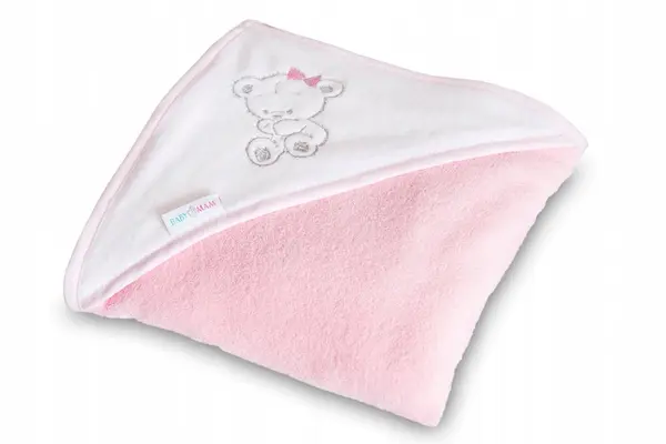 Prosop de baie pentru copii BabyMam prevazut cu capison decorat cu broderie vesela, 100 bumbac, dimensiune 100 x 100 cm, Teddy Bear Pink