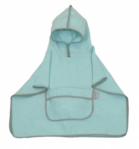 Prosop din bumbac muselina cu gluga si buzunar pentru bebelusi si copii Poncho mint 60x65 cm