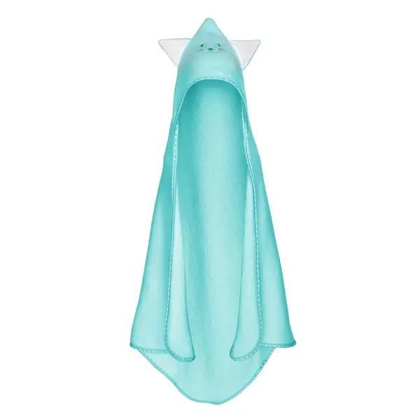 Prosop din bumbac terry pentru copii Bocioland Aqua Cat 80x80 cm,gluga brodata,urechi decorative