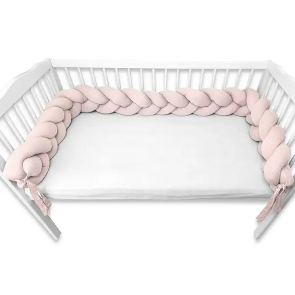 Protectie laterala MimiNu pentru patut tip bumper impletit din bumbac 240x17 cm Soft Powder Pink