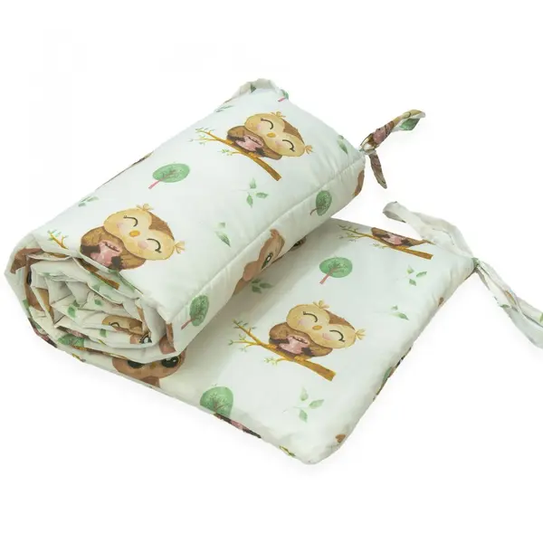 Protectie laterala pentru patut copii Kerstin Cute Owls 180 x 30 cm, cu doua fete, suprafata din bumbac 100, prindere cu panglici