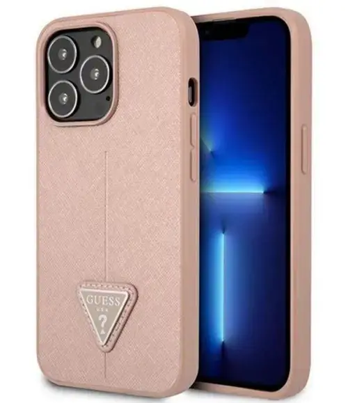 Protectie spate Guess PU Saffiano Triangle pentru Apple iPhone 13 Pro (Roz)