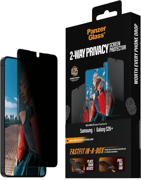 Protector de sticlă PanzerGlass – 2-Way Privacy w. FASTFIT IN-A-BOX, Galaxy S26 Plus