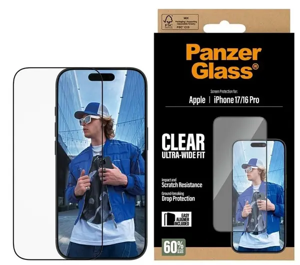 Protector de sticlă PanzerGlass - Clear, Ultra-Wide Fit, iPhone 17/16 Pro, transparent