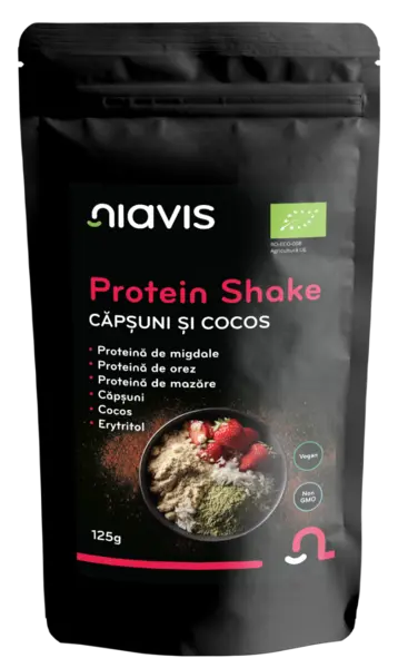 Protein shake ecologic cu capsune si cocos, 125g, Niavis