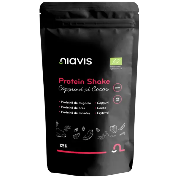 Protein shake ecologic cu capsune si cocos, 125g, Niavis