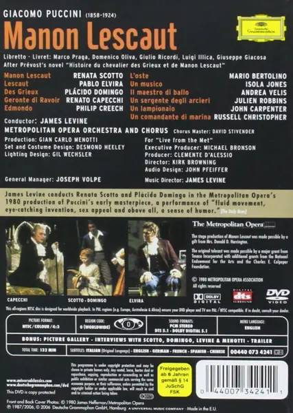 Puccini: Manon Lescaut (DVD) | Renata Scotto, Placido Domingo, Pablo Elvira, Renato Capecchi, The Metropoltan Opera Orchestra, Metropolitan Opera Chorus, James Levine