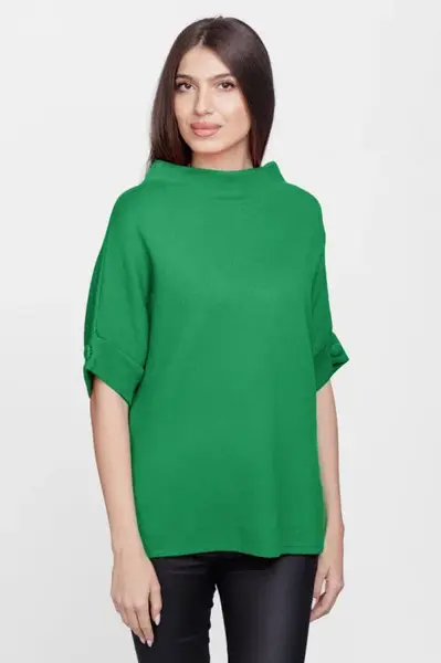 Pulover elegant cu maneca scurta si nasture, din vascoza, verde