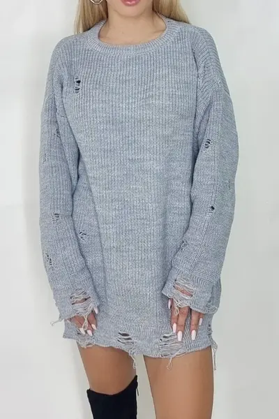 Pulover lung tricotat Laura, cu decupaje in material, Gri, Marime universala S/M/L