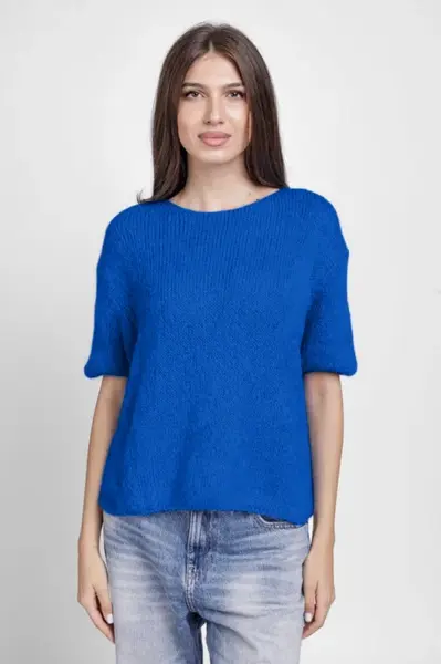 Pulover pufos cu maneca scurta, cu mohair si lana, albastru electric