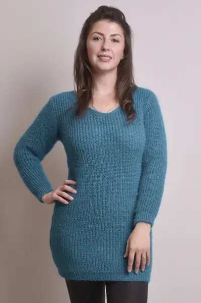 Pulover pufos turcoaz tip rochie