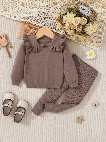 Pulover și pantaloni din tricot pentru fetiță - cafea / 6-9luni(68-74CM)