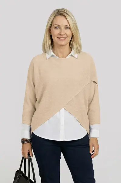 Pulover tip poncho petrecut asimetric, bej