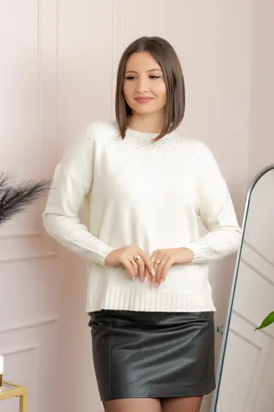 Pulover tricotat cu strasuri Elizabeth - Ivoire