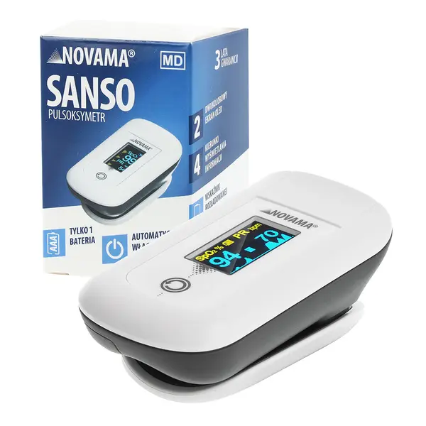 Pulsoximetru Novama Sanso, masoara saturatia de oxigen din sange si pulsul, algoritm de toleranta la miscare, ecran OLED bicolor, functie de schimbare a orientarii ecranului, Alb