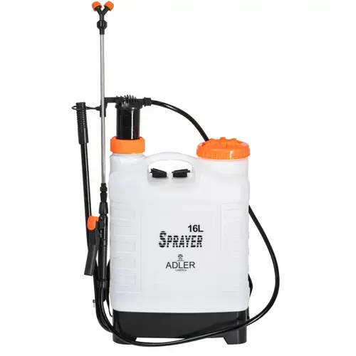 Pulverizator manual sub presiune tip rucsac Adler AD6810, rezervor 16 l, 3 duze de aspersoare, 3 garnituri de rezerva, 2-3 Bar, Lance telescopica reglabila 48-83 cm (Alb/Portocaliu)