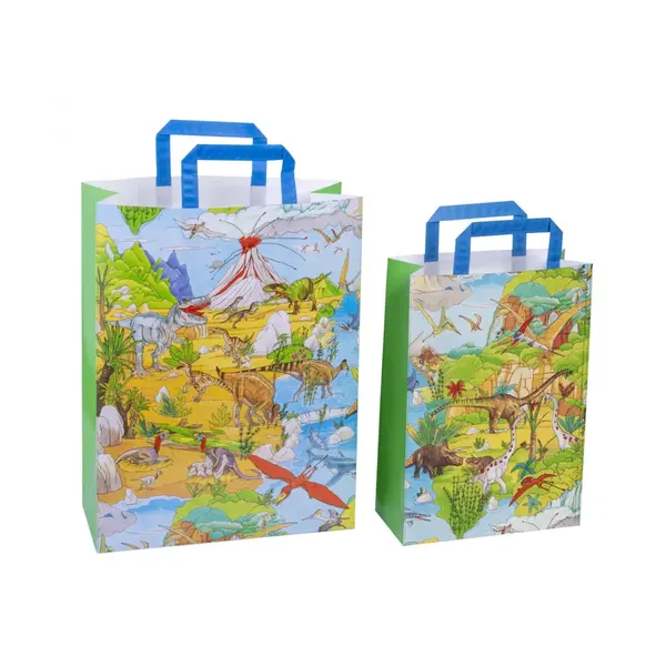 Punga de cadou copii din hartie cu lumea dinozaurilor, 32x14x42 cm,90 g m ²