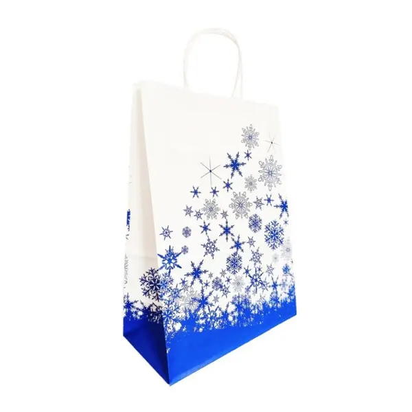 Punga din Hartie cu Manere, Model Fulgi de Nea Albastrii, 22 x 12 x 31 cm, 100 Bucati