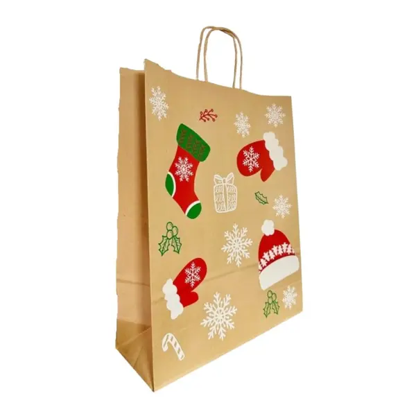 Punga din Hartie cu Manere, Natur, Model Craciun, 25 x 14 x 30 cm, 100 Bucati