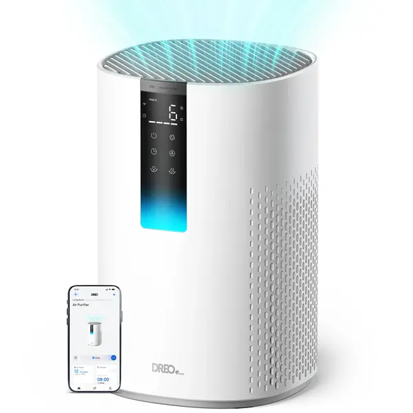 - Purificator aer Dreo Macro 505S Smart, WI-FI, CADR 202 m³/h, Filtru 3 in 1 H13 True HEPA, Senzor calitate aer, Mod Auto, Mod de noapte, Lumină ambientală, 4 trepte de viteza, Timer, Până la 17 m2, Alb