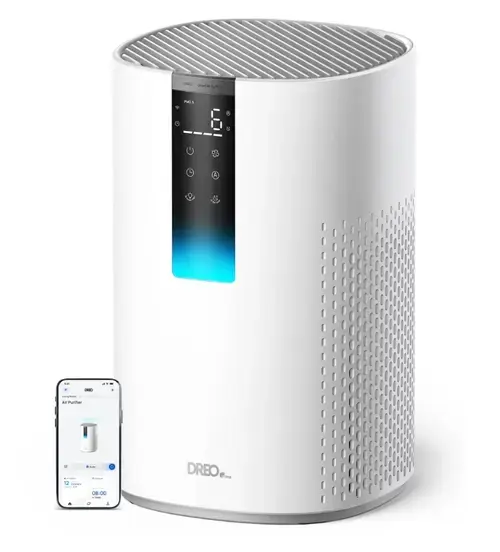 Purificator aer Dreo Macro 505S Smart, WI-FI, CADR 202 m3/h, Filtru 3 in 1 H13 True HEPA, Senzor calitate aer, Mod Auto, Mod de noapte, Lumina ambientala, 4 trepte de viteza, Timer, Pana la 17 m2 (Alb)