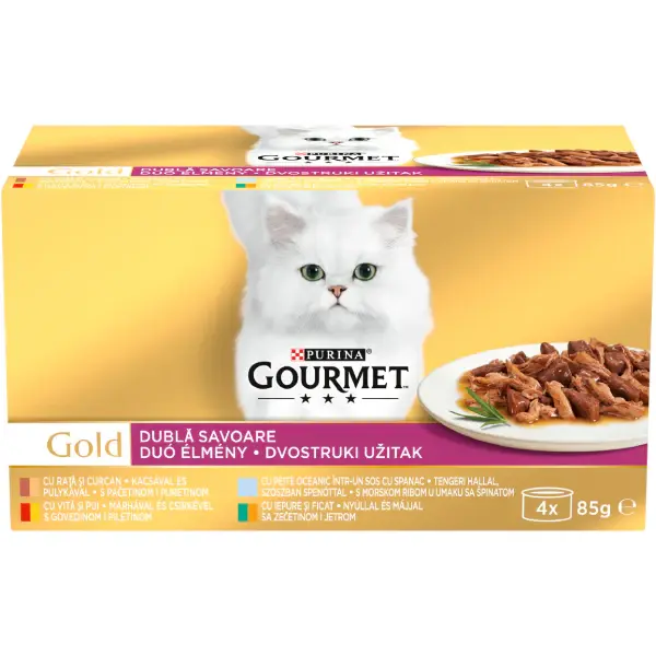 PURINA® GOURMET® GOLD Dublă Savoare, cu Vită și Pui, Rață și Curcan, Pește Oceanic și Spanac, Iepure și Ficat în sos, hrană umedă pentru pisici, 4x85 g